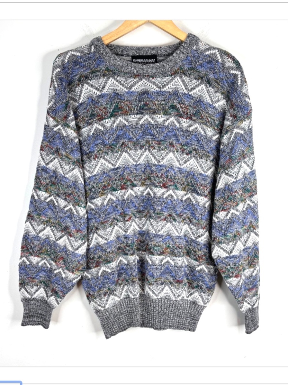 VTG 90s Expressions Geometric Sweater M Grandpa Retro Grunge Cosby Blue Striped